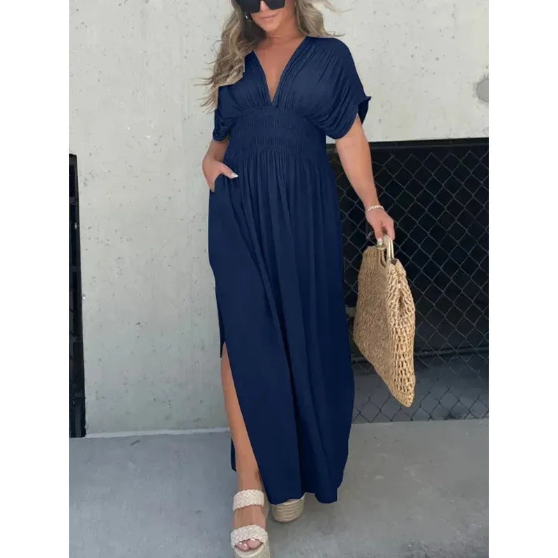 Fashion Bat-Sleeve V-Neck Slit Dress Summer Short Sleeve Elastic Waist Women’s Long Dress