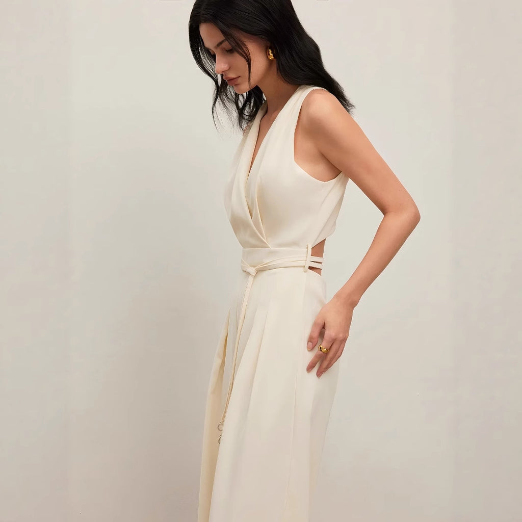 Women's Apricot V-Neck Sleeveless Polyester Jumpsuit