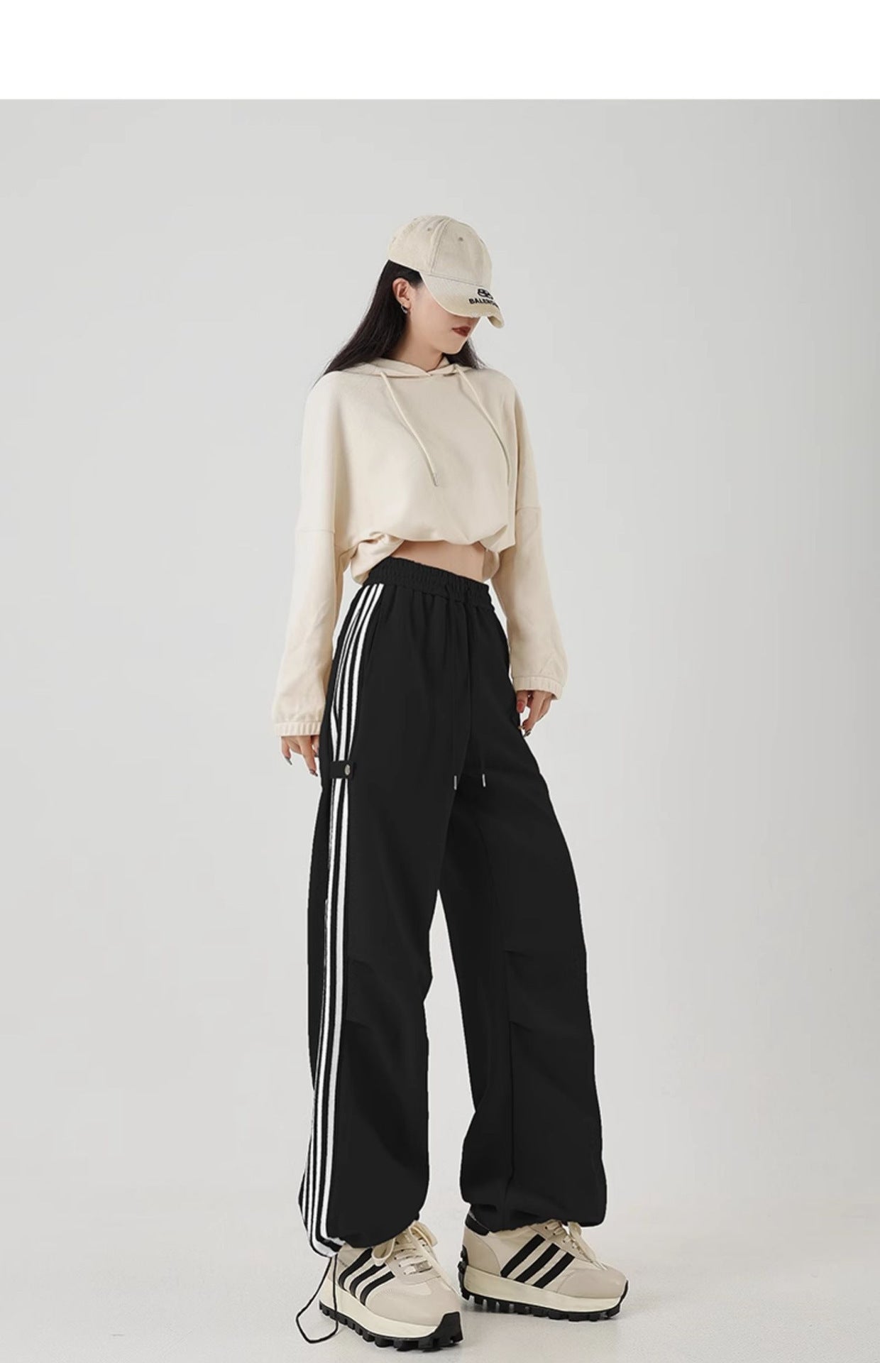 American Striped Wide-Leg Cotton Workwear Sweatpants in Khaki, Black & Dark Gray