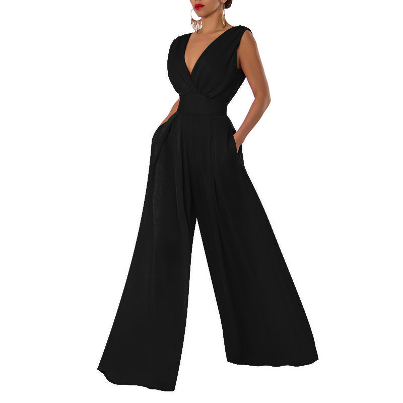 Combinaison unie col en V taille haute jambes larges