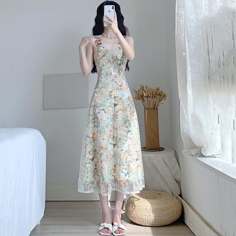French Retro Green Lace Spaghetti Strap Dress Summer