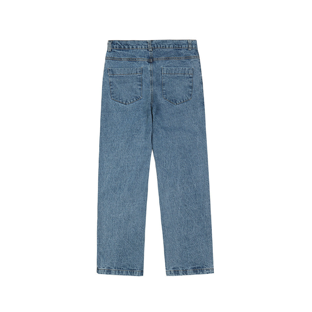 Loose Straight Blue Embroidered Casual Cotton Blend Trousers