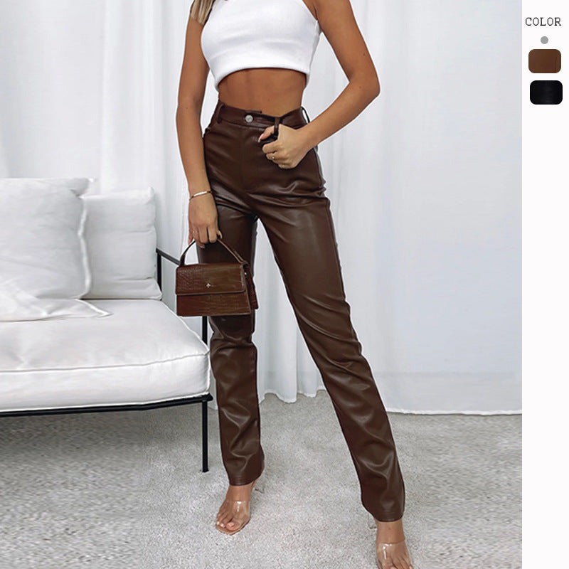 High Waist PU Leather Casual Trousers for Women