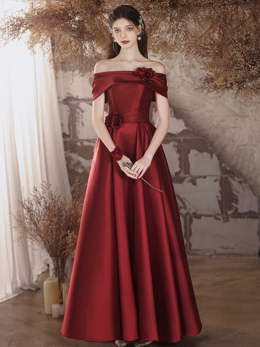 Off-Shoulder Wine Red Satin Toast Wedding Evening Dress