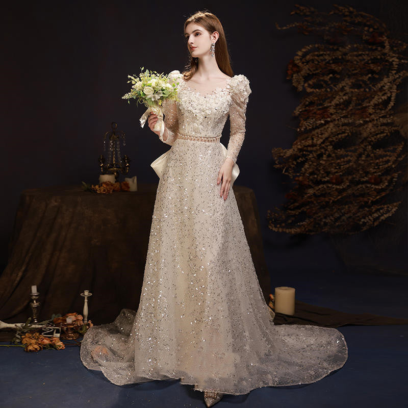 Women's Fashion Beige Heavy Mesh Sequin Dress