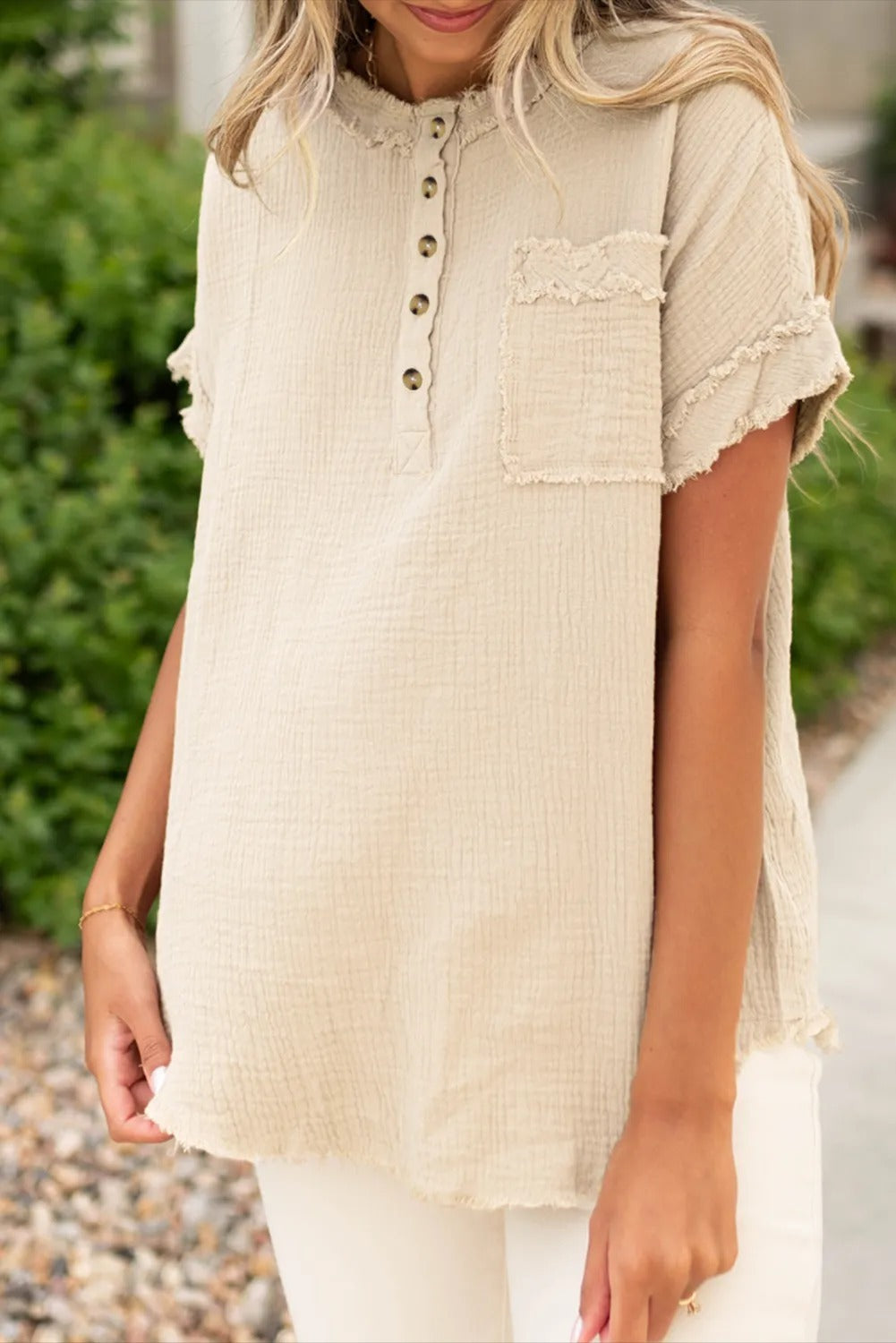 Parchment Crinkle Textured Half Button Short Sleeve Top with Frayed Trim