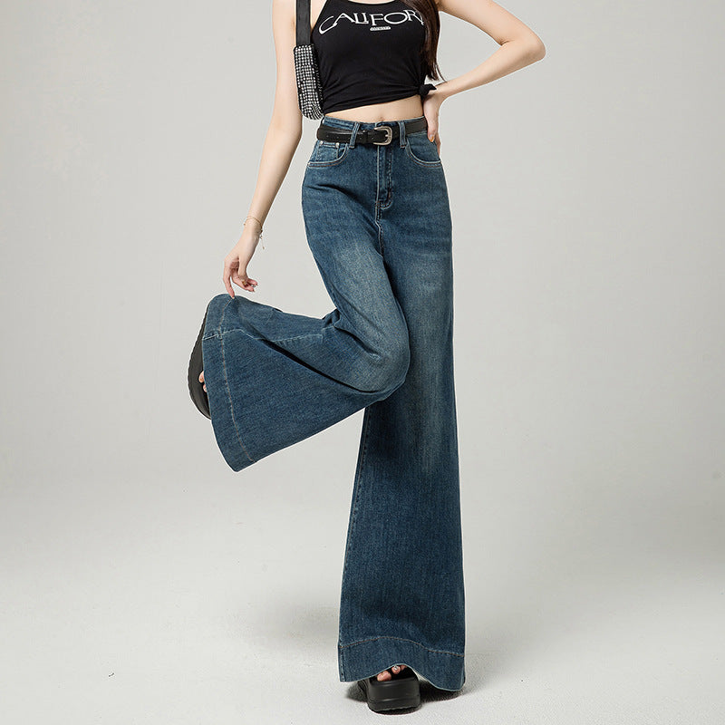 Vintage Blue High Waist Wide Leg Cotton Pants Narrow Version