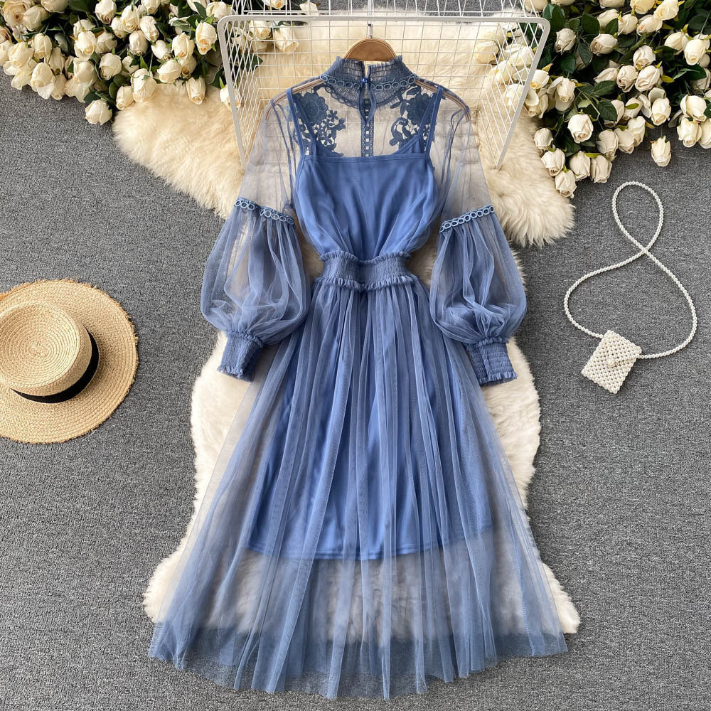 Mesh Stand Collar Lantern Sleeve High Waist Slimming Suspenders Dress