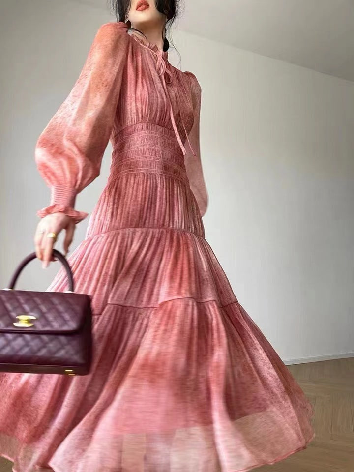 Robe de thé en mousseline élégante française mi-longue à manches bouffantes