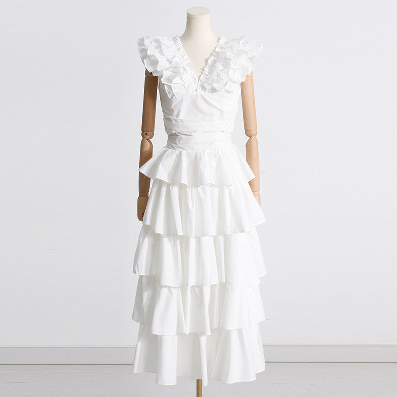 Women's V-Neck Lace Short Top & High Waist Cake Layer Dress Suit