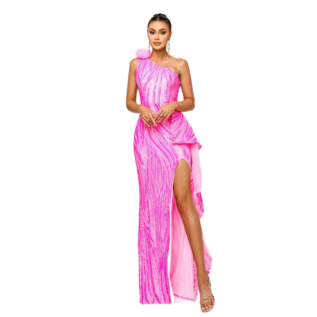 Robe de soirée longue fendue asymétrique à sequins rouge rose, taille haute