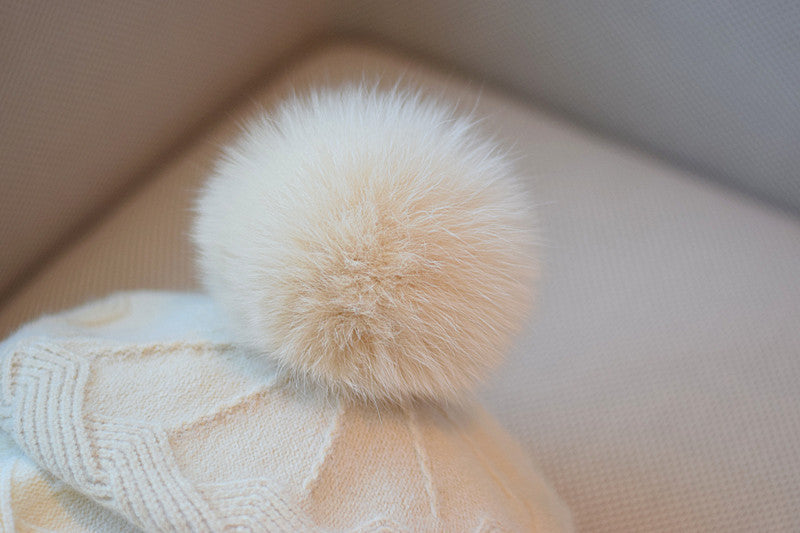 Bonnet en laine tricotée pour femme avec pompon en fourrure de renard, automne-hiver, taille M (56-58 cm)