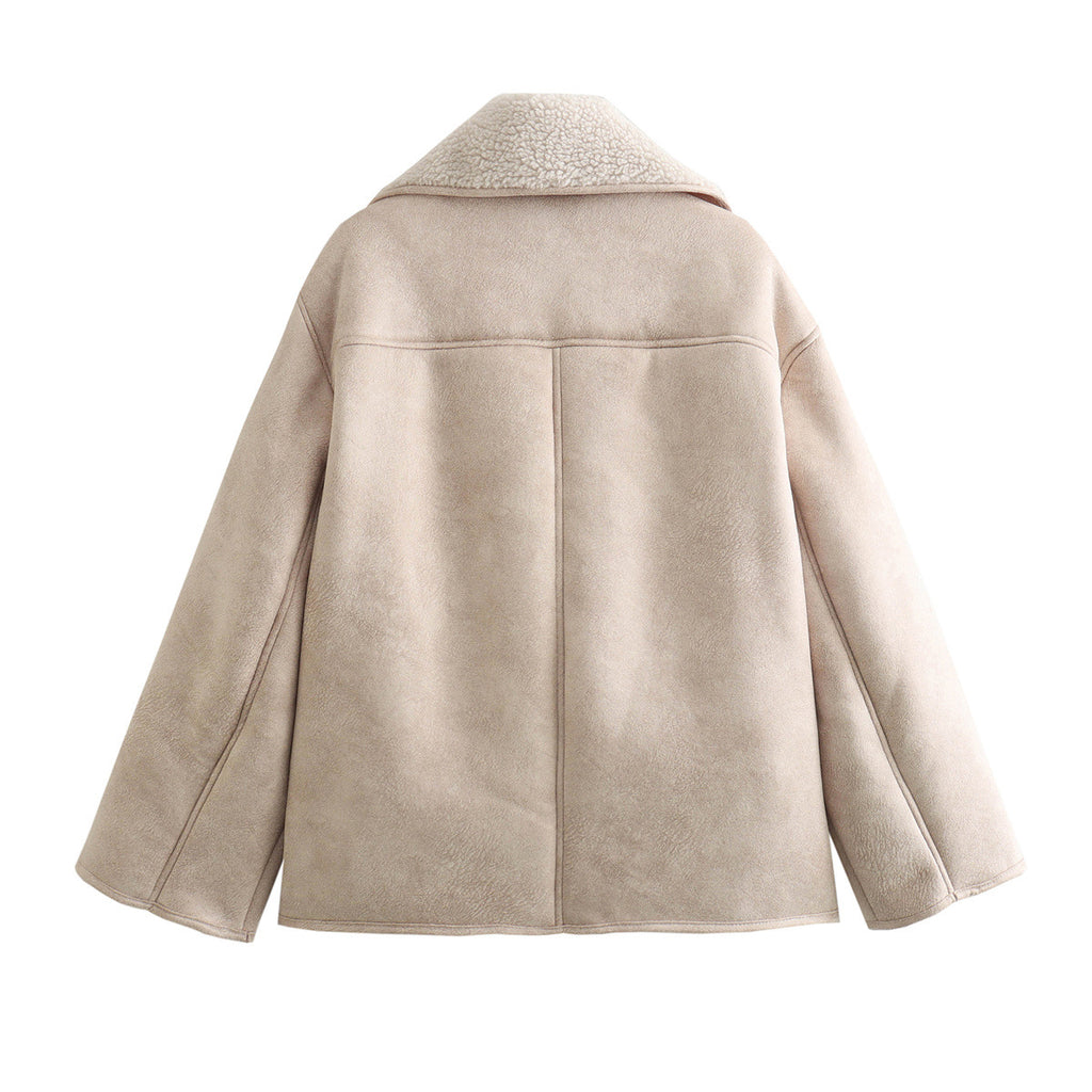 Milky White Polo Collar Suede Fleece-Lined Warm Coat for Women