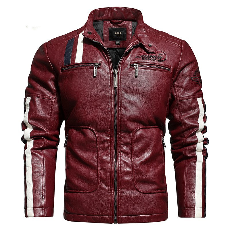 Men's Slim-Fit Short Embroidered PU Leather Jacket with Stand-Up Collar