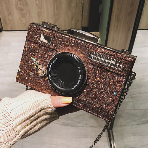 Sac appareil photo à sequins pour femme avec bandoulière chaîne