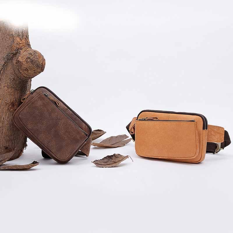 Sac banane homme en cuir 22x15x3cm Sacoche ceinture décontractée fonctionnelle Pochette de poitrine Marron