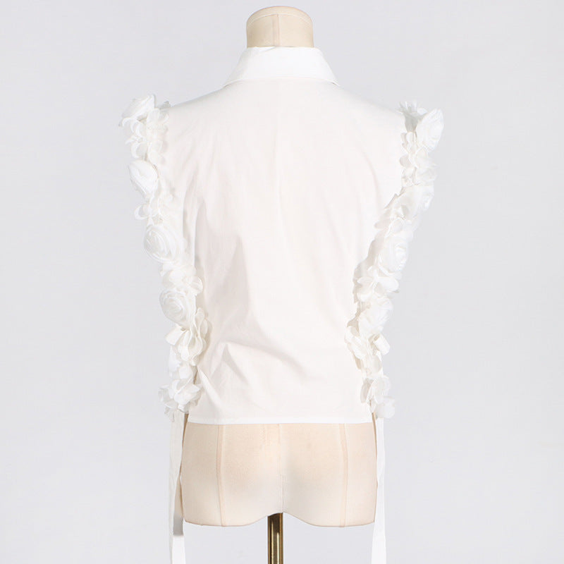 Women’s White Sleeveless Embroidered 3D Flower Shirt S-XL