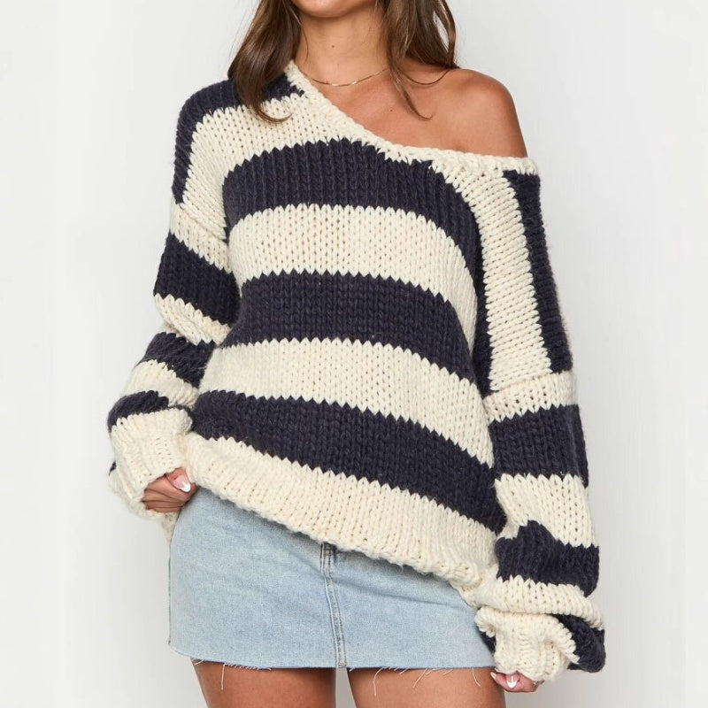 Loose Knitted Pullover Sweater with Oblique Shoulder for Fall Winter