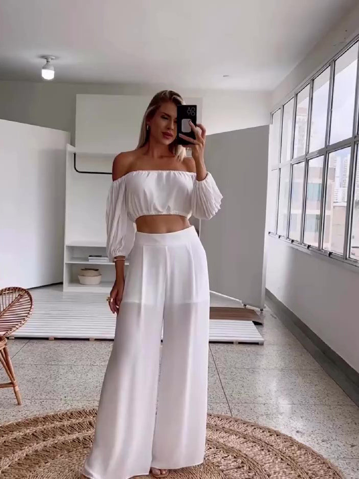 White One-shoulder Pleated Top & High-waisted Pants Set