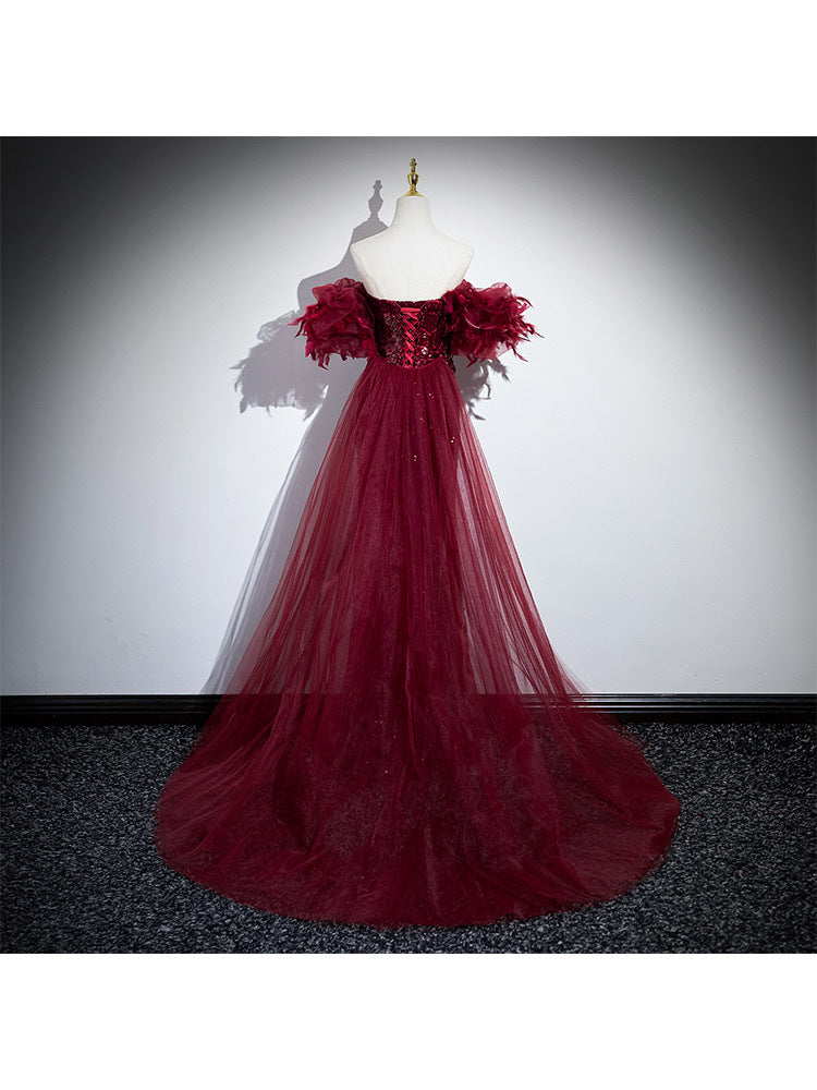 Wine Red Fishtail Sequins Wedding Evening Dress with Lantern Sleeves