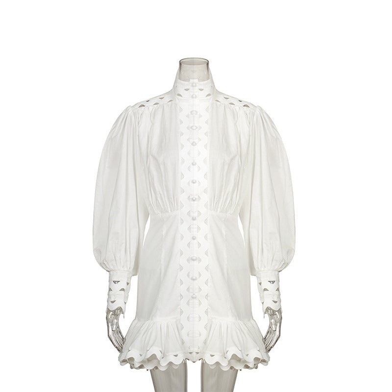 Stand collar cutout ruffled dress