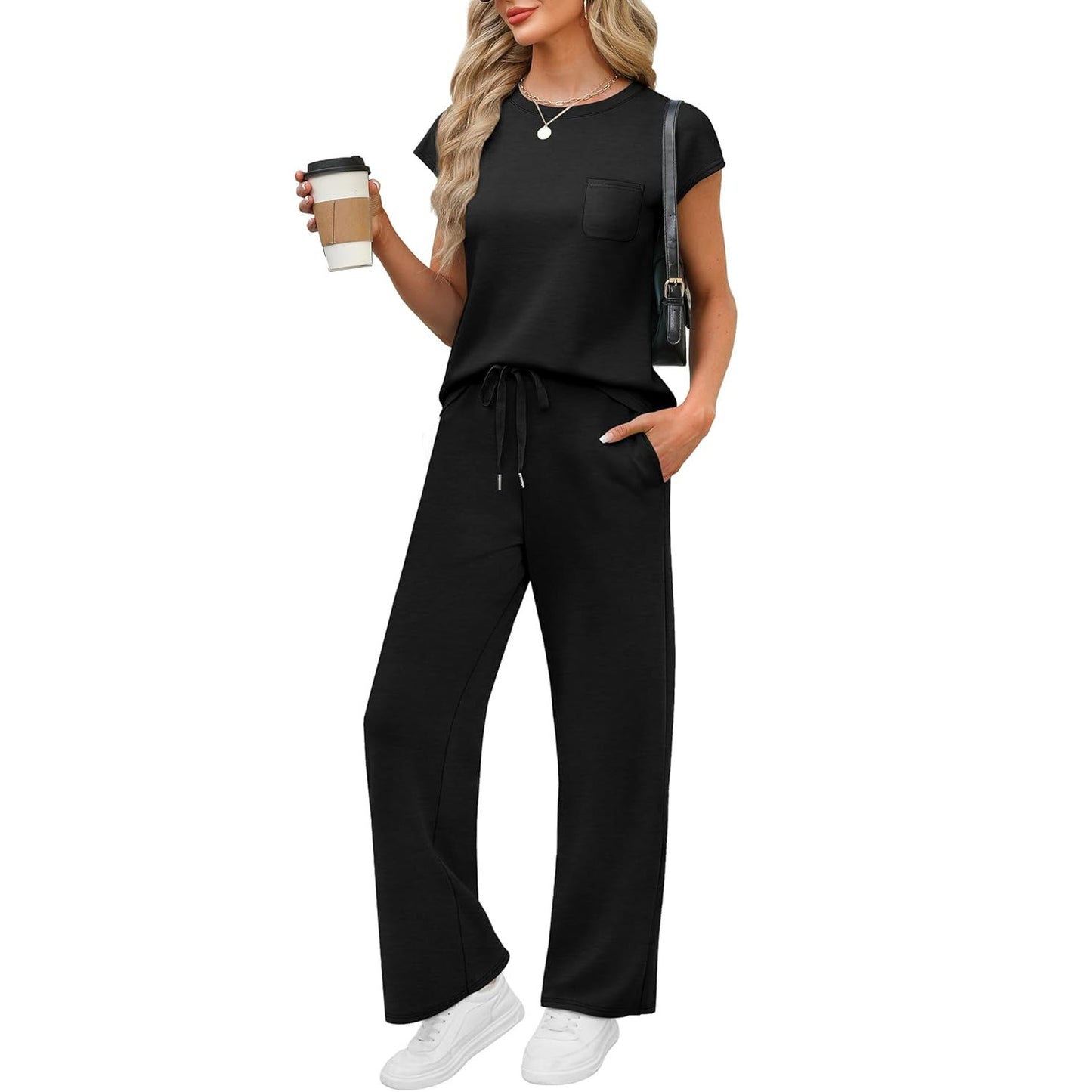 Round Neck Loose Short Sleeves Pocket Two-piece Pants Casual Suit