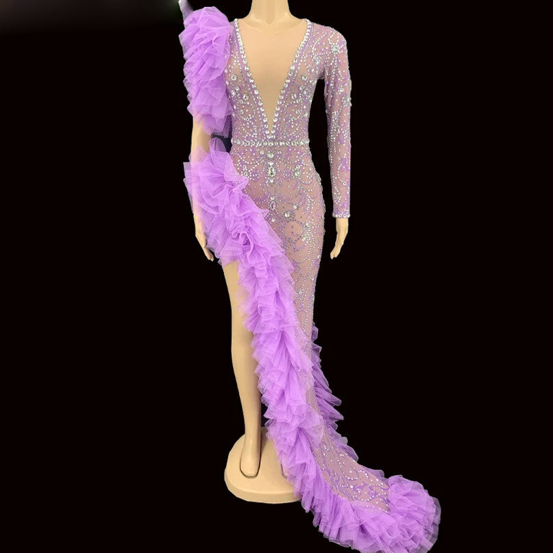 Women's Purple Diamond Slit Single Sleeve Pleated Tulle Dress