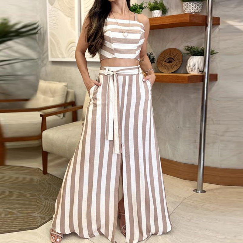 Striped Print Skirt Suit for Women Sleeveless Elegant Style