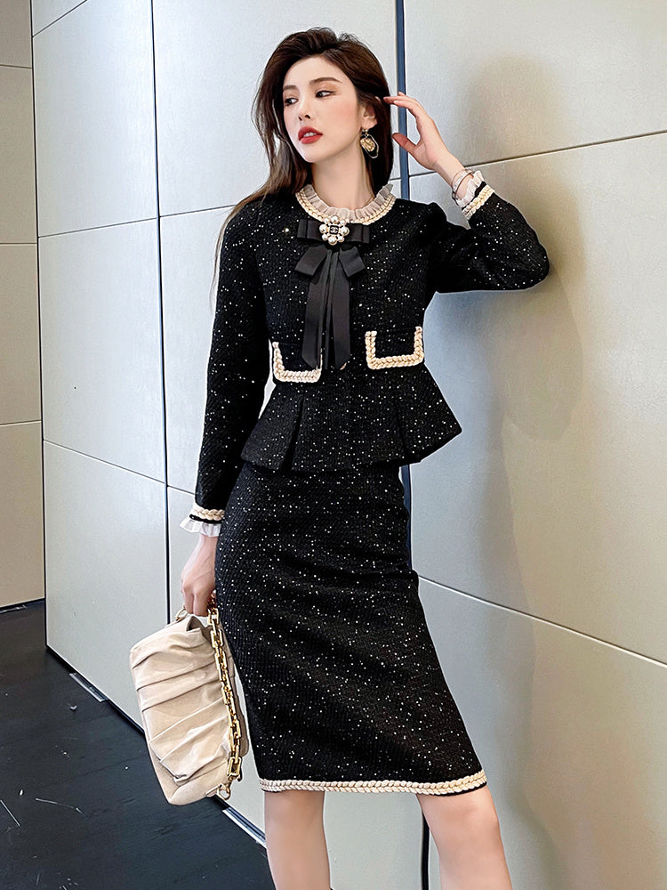 Two-Piece Black Autumn Ladies Western Coat and High Waist Skirt Set