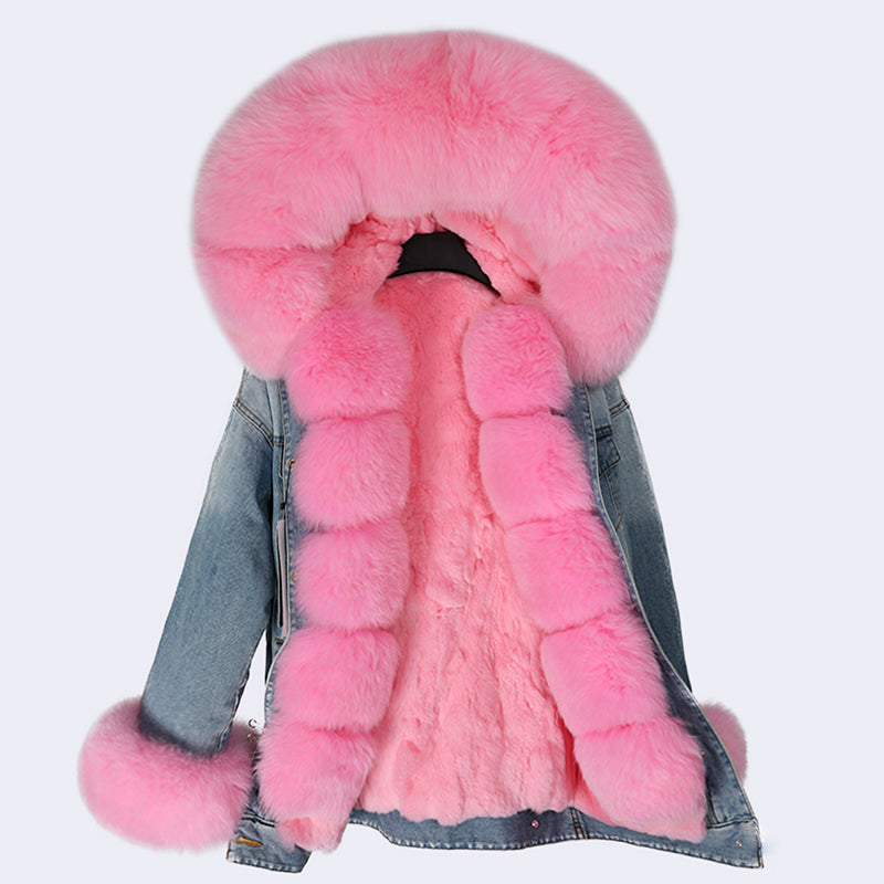 Denim Style Coat with Detachable Rabbit Hair Liner and Fur Collar