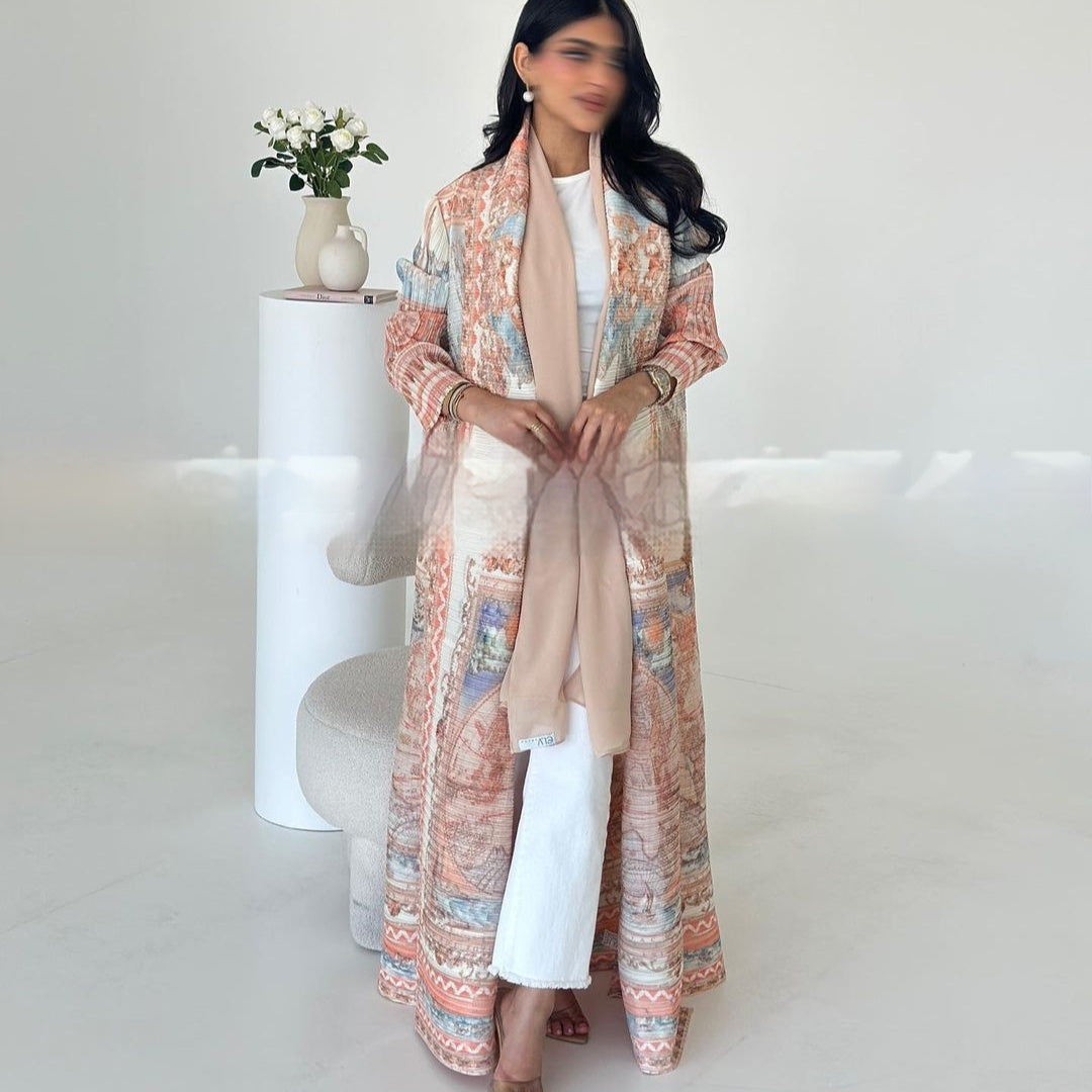 Pleated Trench Djellaba Printed Shawl Cardigan Ethnic Cloak Coat for Middle East Women