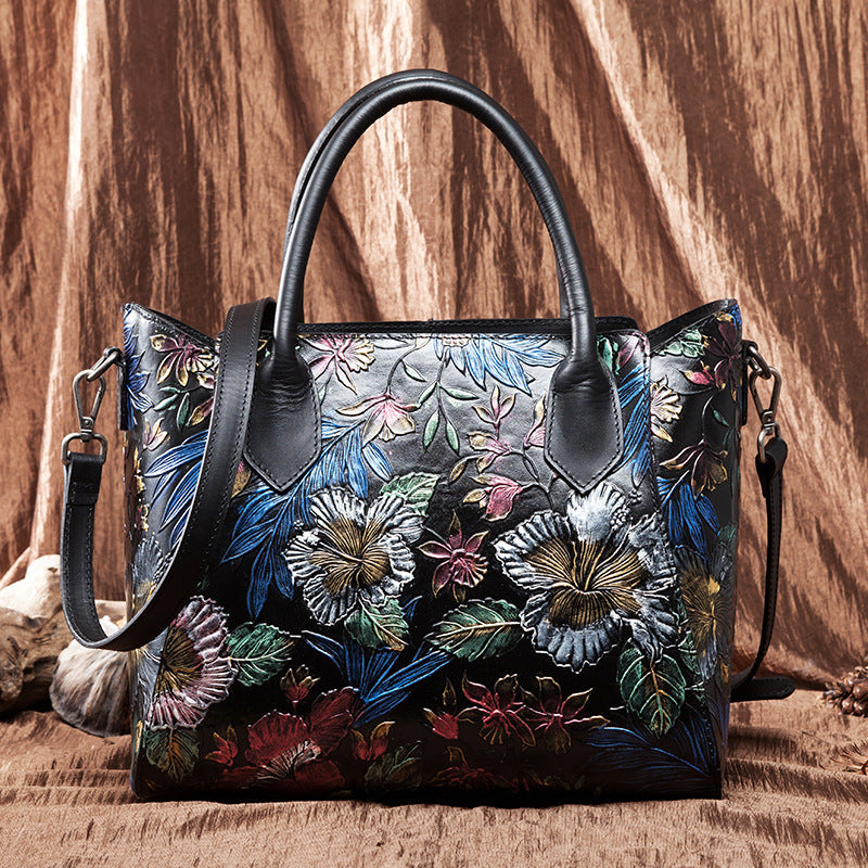 Ethnic Style Women's First Layer Cowhide Floral Messenger Shoulder Bag