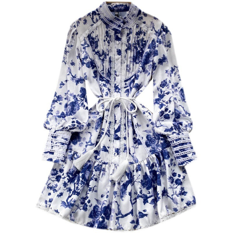 Elegant White Stand-Up Collar Puff Sleeve Single-Breasted Fringed Waist Dress