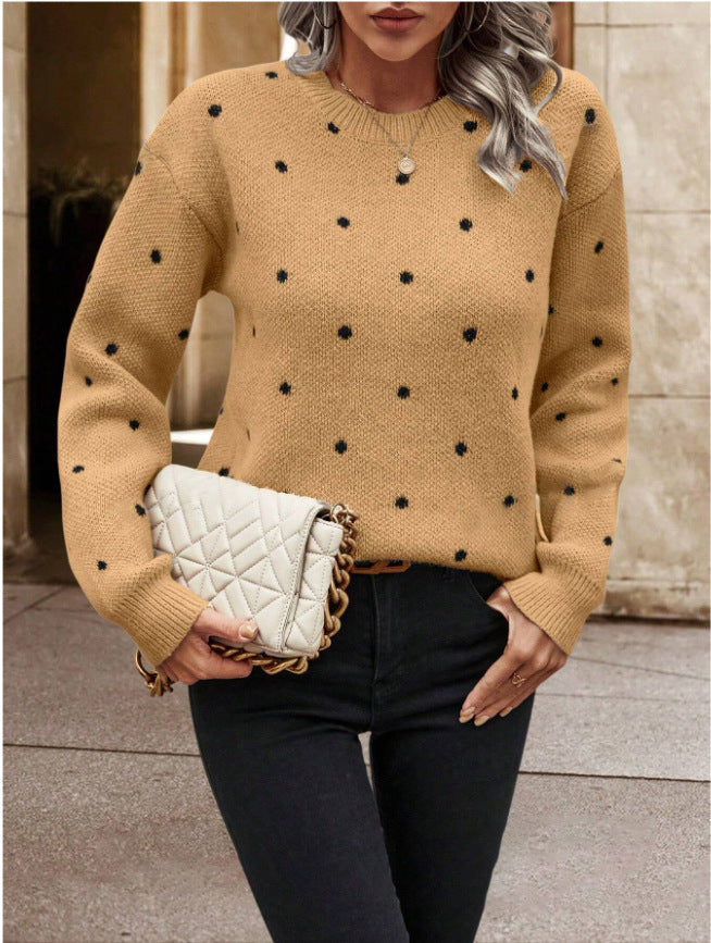 Polka Dot Print Pullover Sweater Long-Sleeve Casual Knit Top for Women