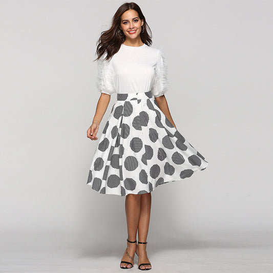Large Black Polka Dot Slim Fit Mid-Length Skirt with Hem and Zipper