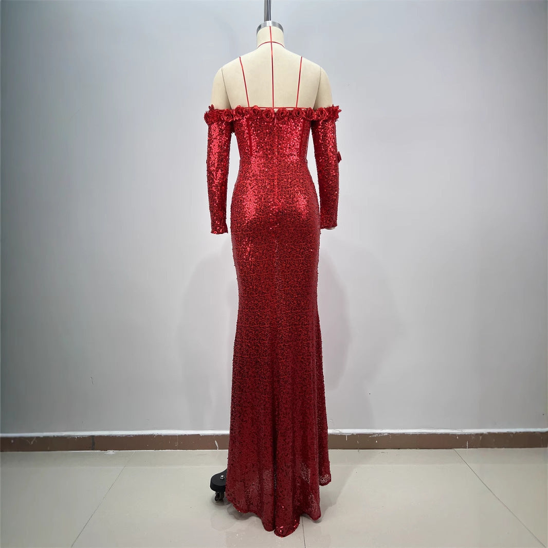 Women's Dark Red Slim-Fit Sequined Skinny Dress