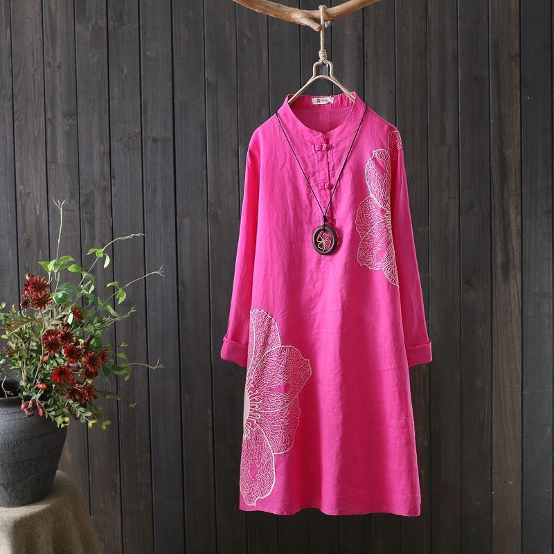 Ladies Mid-Length Loose Cotton Linen Embroidered Pullover Shirt
