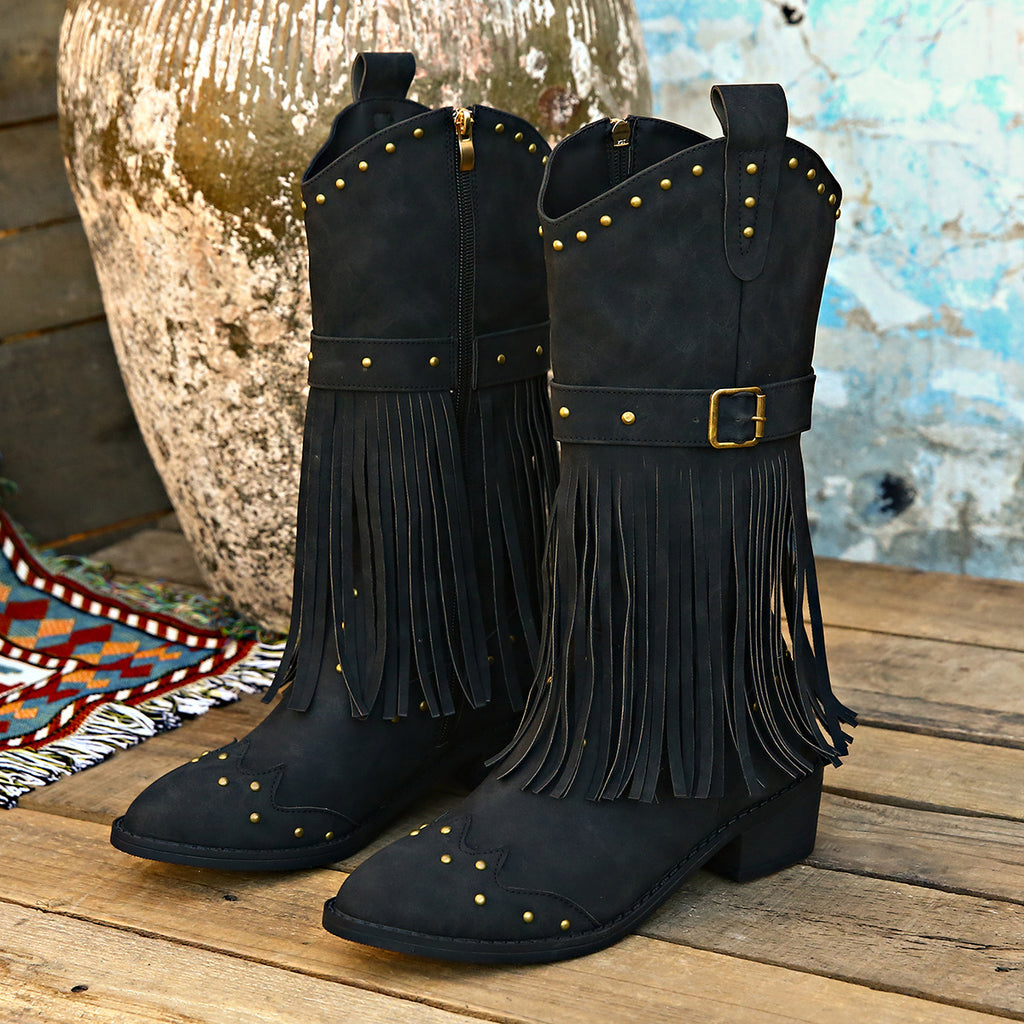 Retro Mid-Calf Women’s Winter Boots with Tassel, Rivet Strap, Buckle & Square Heel