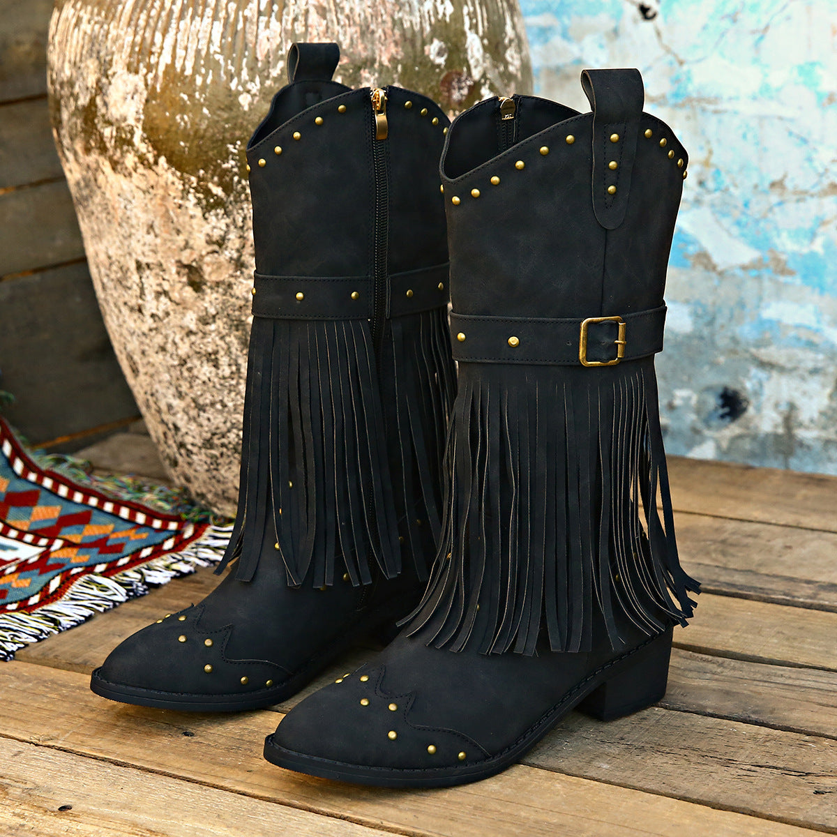 Retro Mid-Calf Women’s Winter Boots with Tassel, Rivet Strap, Buckle & Square Heel