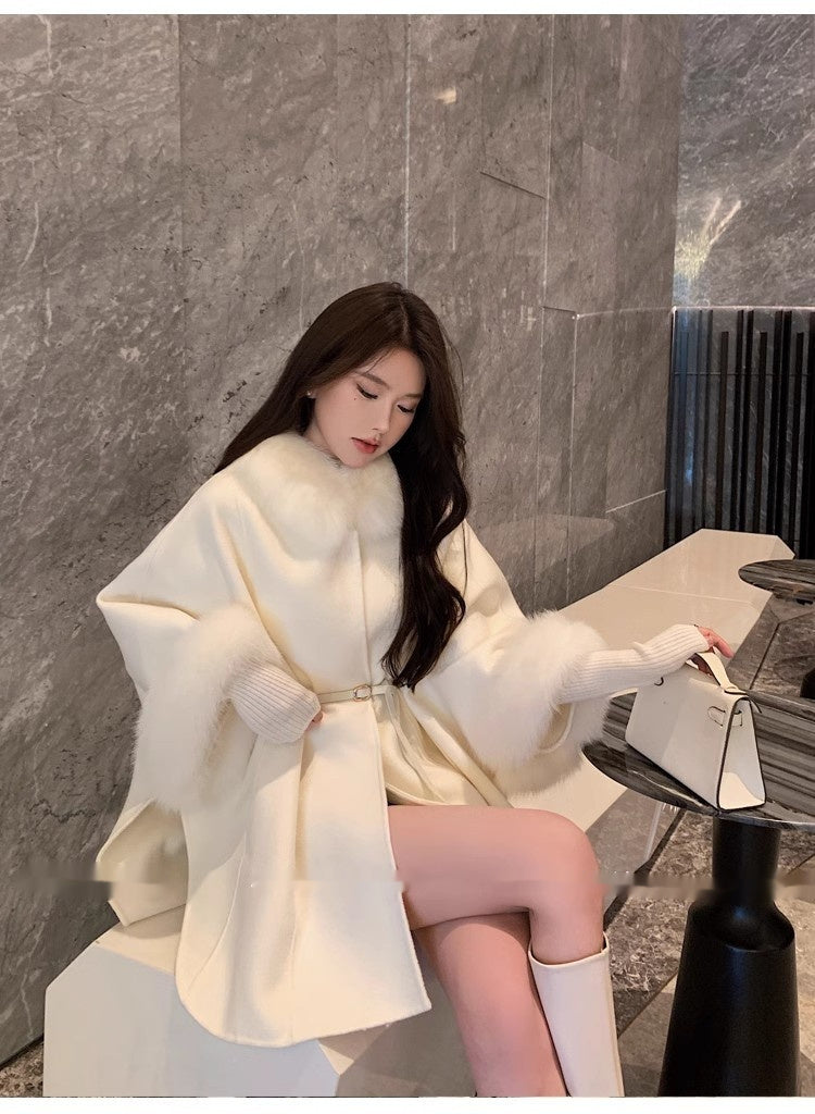 Reversible Mid-Length Cashmere Coat with Fox Fur Collar
