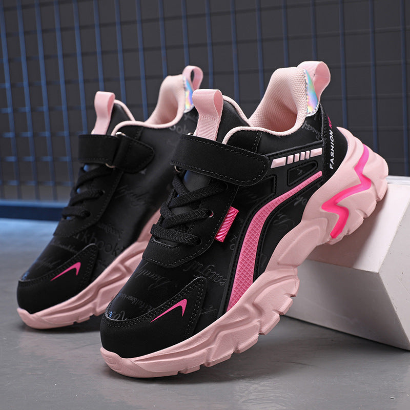 Baskets décontractées en cuir imperméable pour filles – Rose et noir, Tailles 27-40