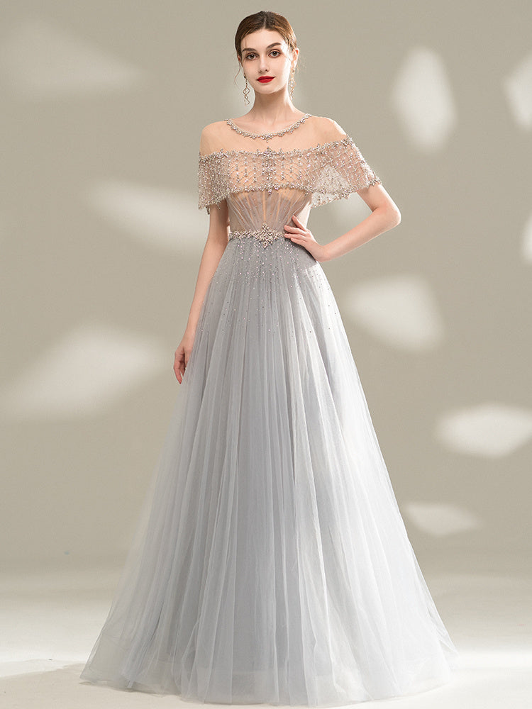 Robe de soirée longue grise pour femme, col U, jupe trapèze