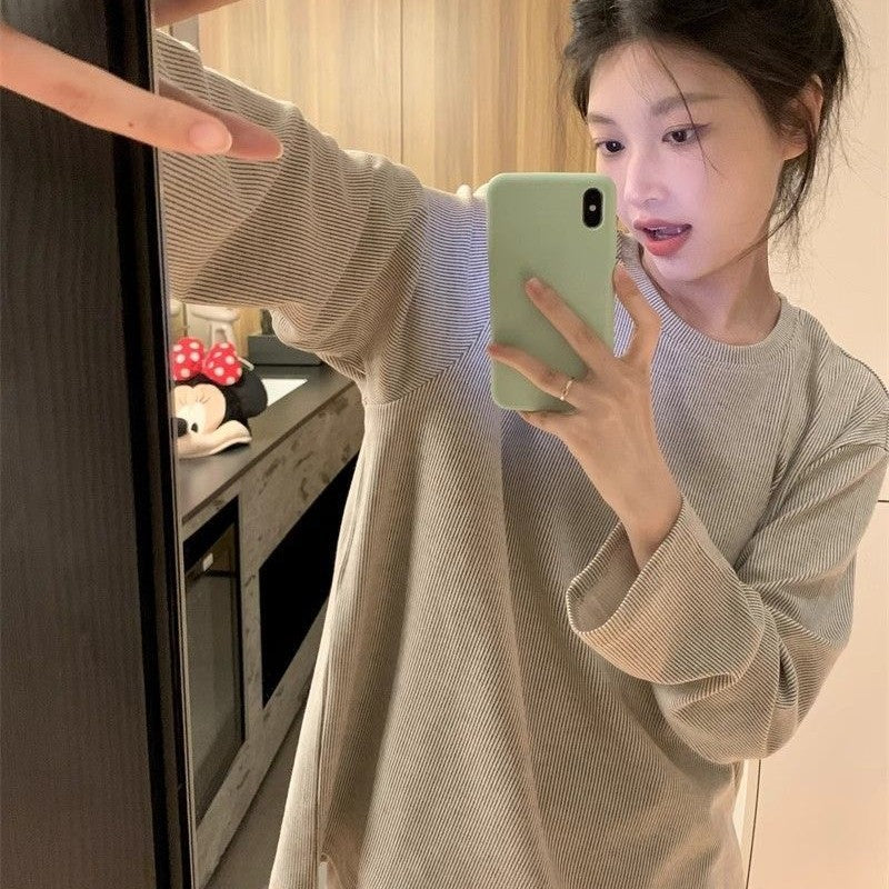 Striped Gray Brown Polyester Pajamas for Women, Long Sleeve, Sizes M-XXL