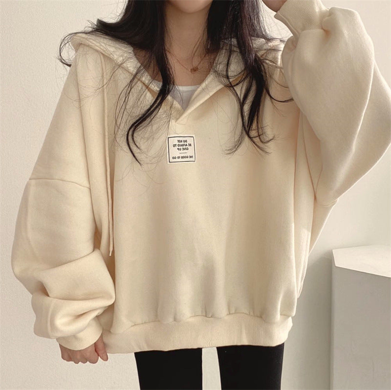 Womens Loose-Fit Hooded V-Neck Sweatshirt with Lace-Up Detail