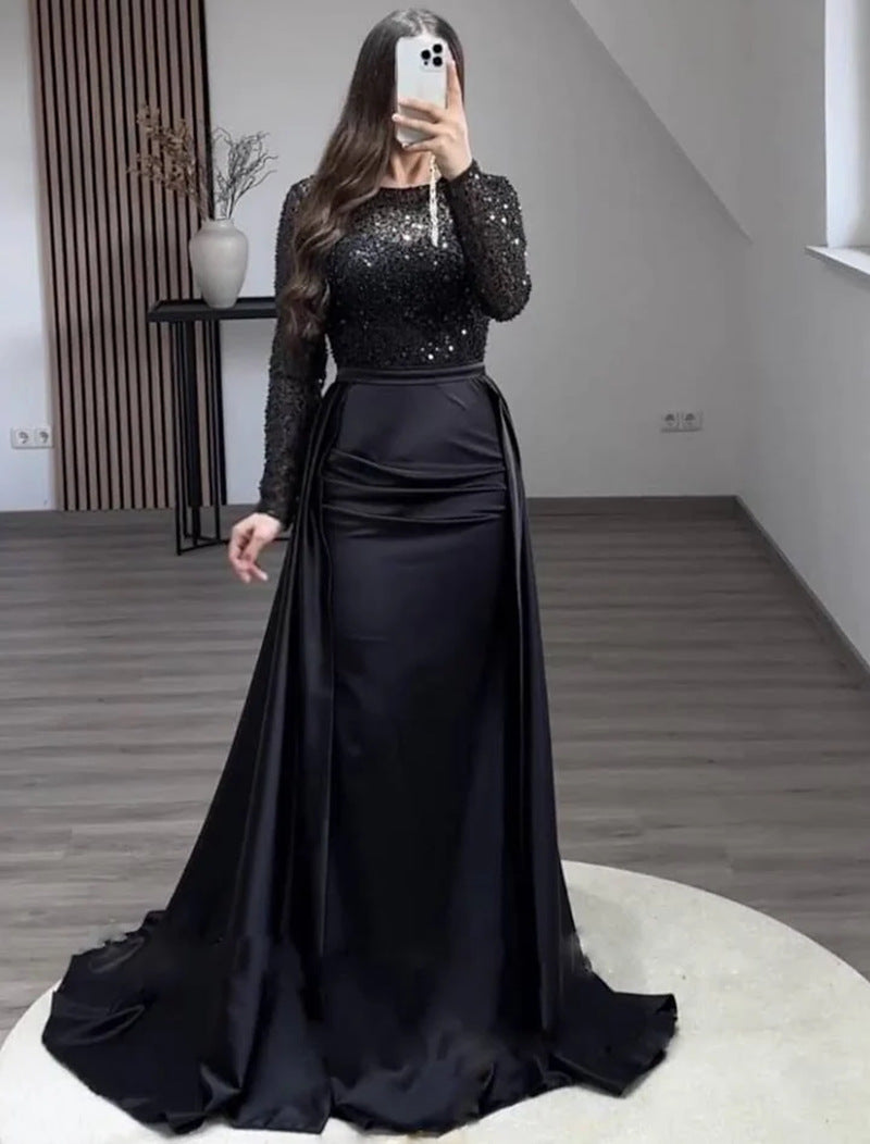 Dazzling Sequin Queen Maxi Evening Gown with Long Sleeves