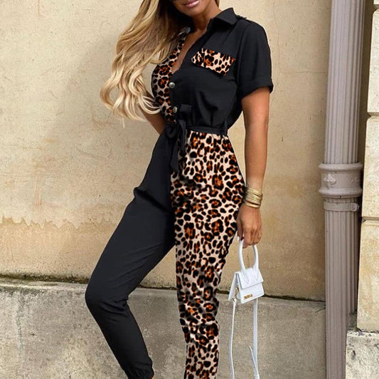Women's leopard stitching jumpsuit