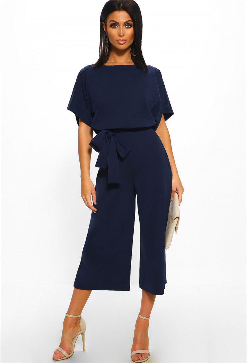 Summer Lace-Up Button Short-Sleeve Women's Polyester Jumpsuit
