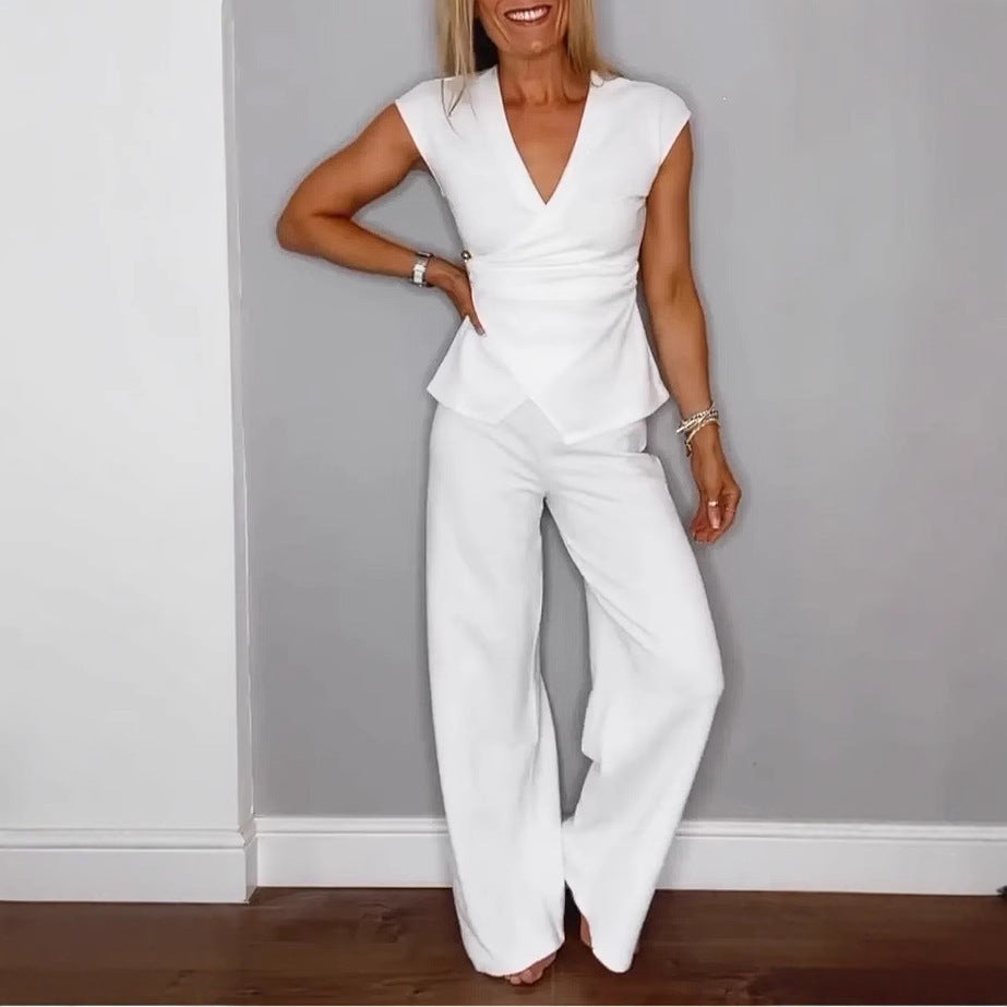 Women's V-Neck Sleeveless Belt Buckle Two-Piece Set Solid Color