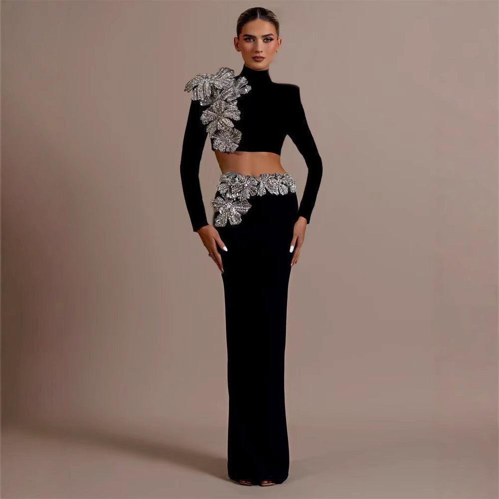 Black Polyester Two-Piece Set Long Sleeve Top & High Waist Skirt