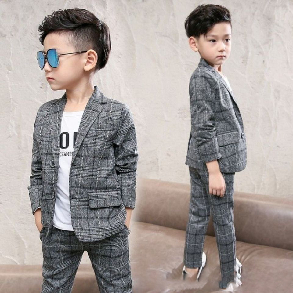 Boys' Two-Piece Casual Plaid Suit Cotton Blend Blouse & Pants